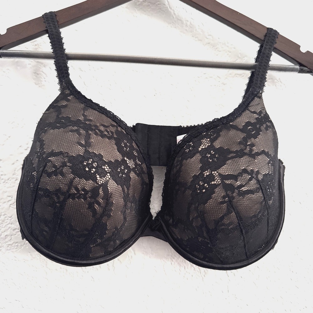 Lily of France Black Lace Underwire Bra 36DD Floral Overlay Style 2161505